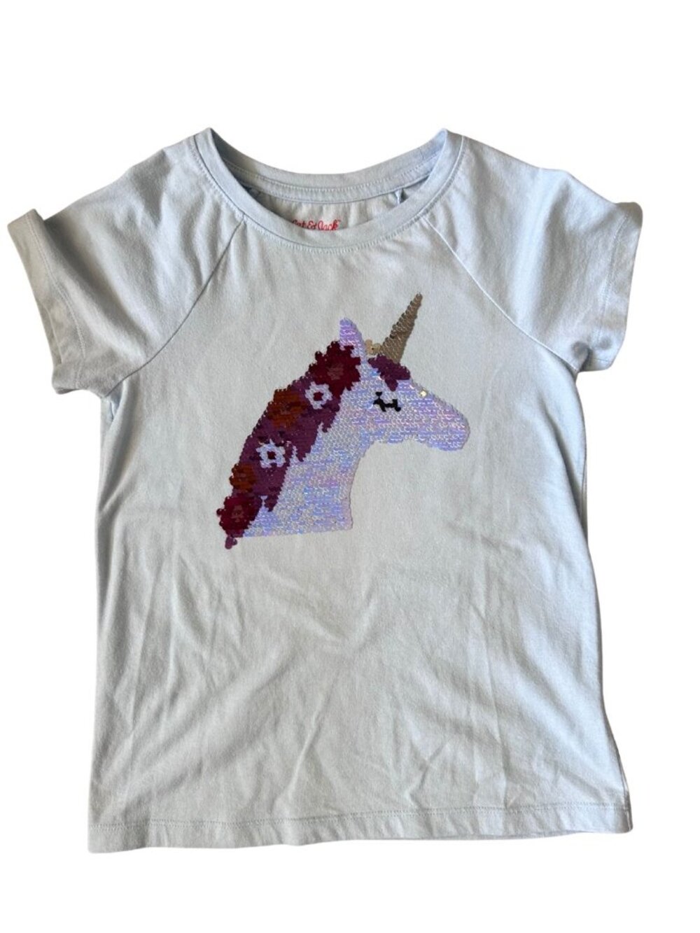 Cat & Jack Light Blue Sequin Unicorn Shirt, M (7/8)